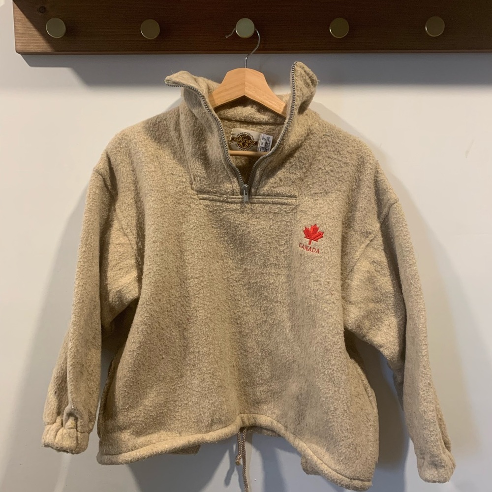 Beige Fleece Pullover with Red Maple Leaf